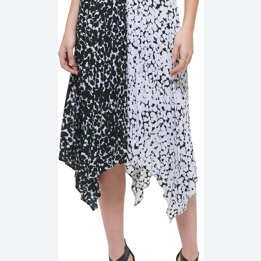 DKNY Black and White Asymmetrical Printed Midi Skirt